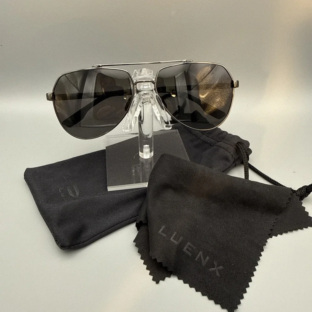 LUENX Genuine 6404-B4 POLARIZED Black AVIATOR SUNGLASSES w/ cloth & travel case